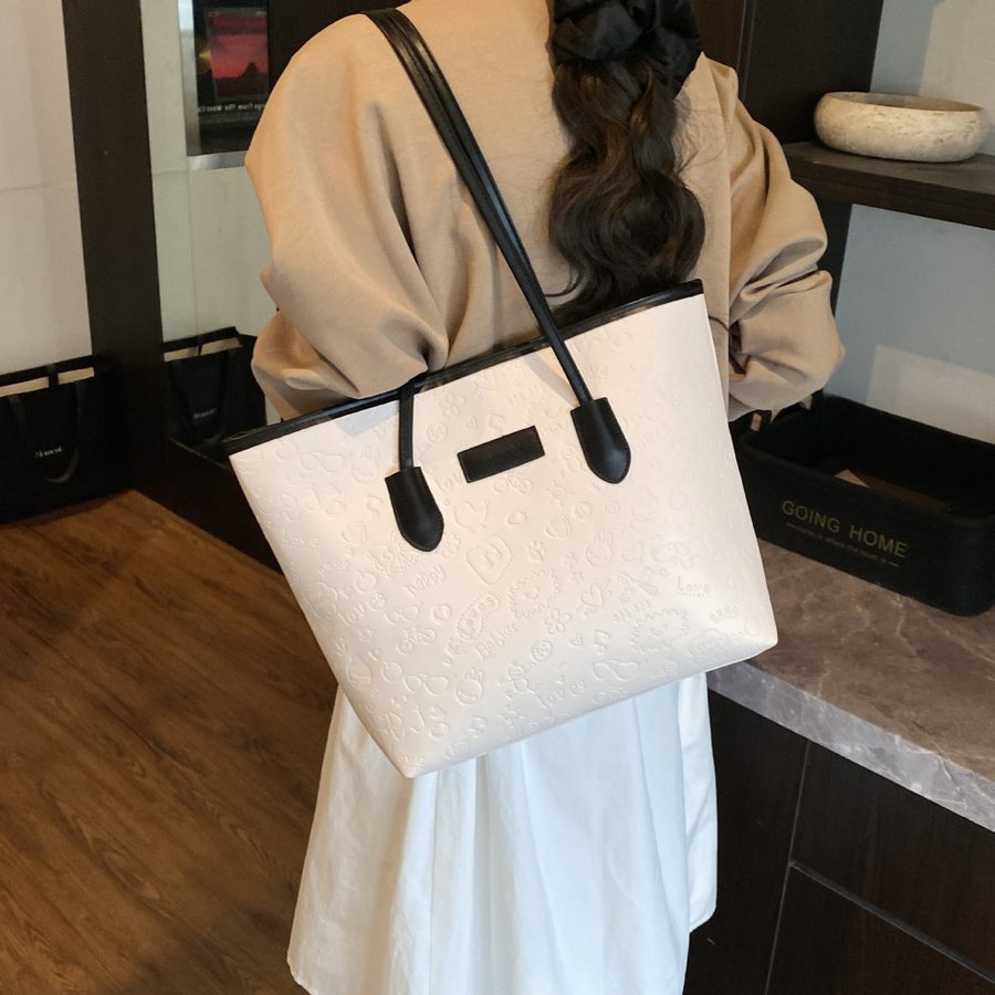Two-Tone Embossed Large Tote Shoulder Bag view 3