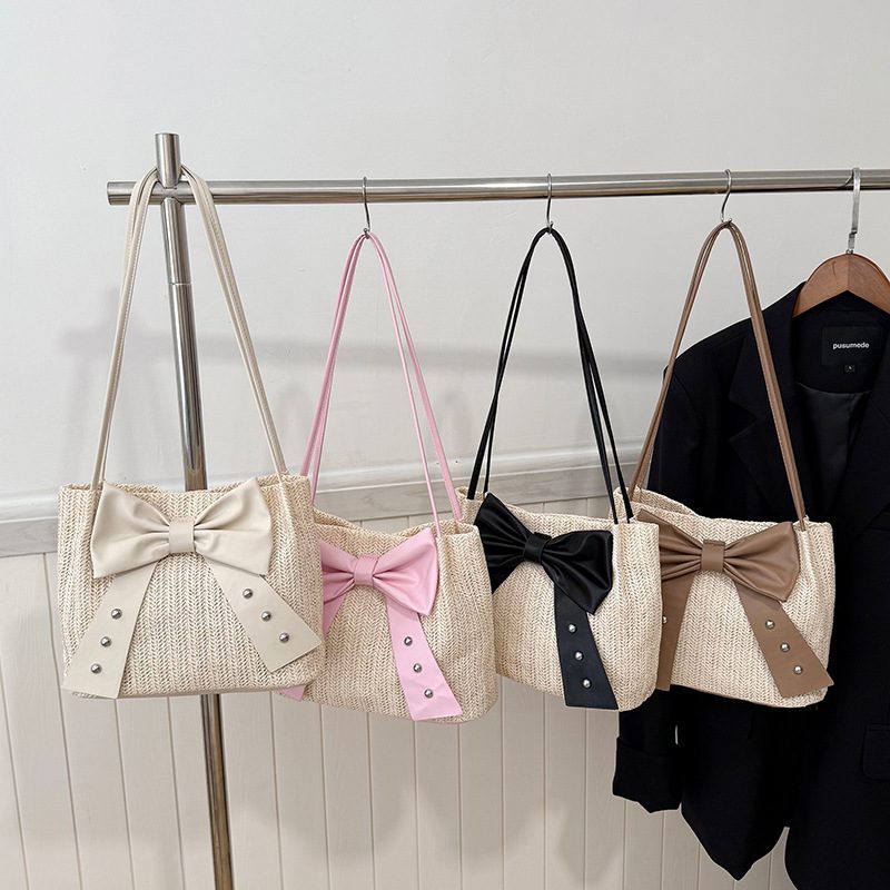Bow Woven Straw Large Capacity Beach Tote Bag