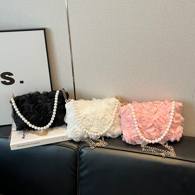 Sequin Pearl Chain Lace Floral Top-Handle Shoulder Bag