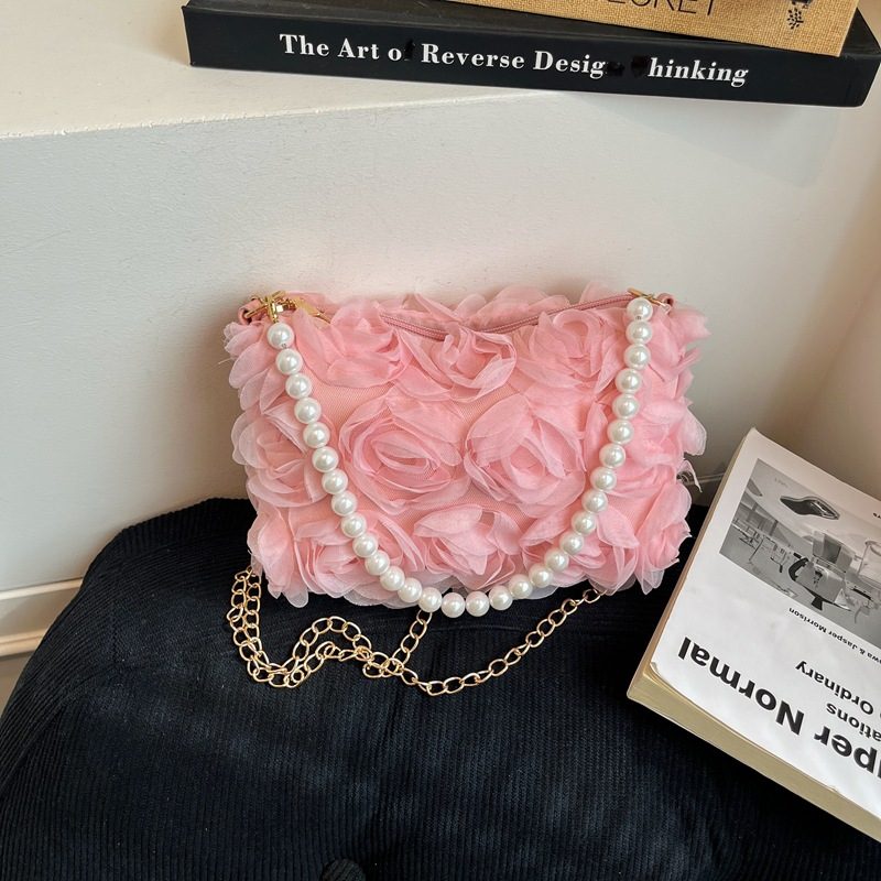 Sequin Pearl Chain Lace Floral Top-Handle Shoulder Bag view 2