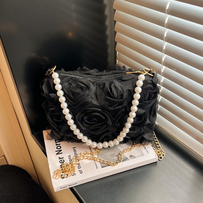 Sequin Pearl Chain Lace Floral Top-Handle Shoulder Bag view 3
