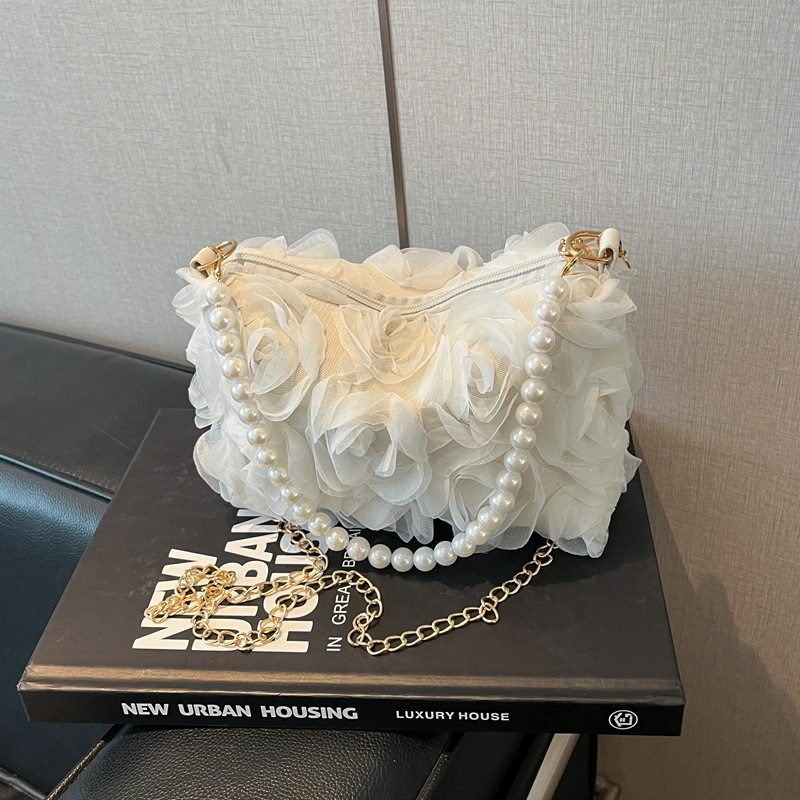 Sequin Pearl Chain Lace Floral Top-Handle Shoulder Bag view 4