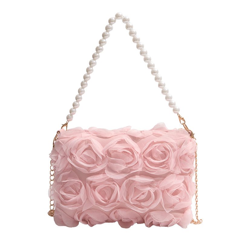 Sequin Pearl Chain Lace Floral Top-Handle Shoulder Bag view 8