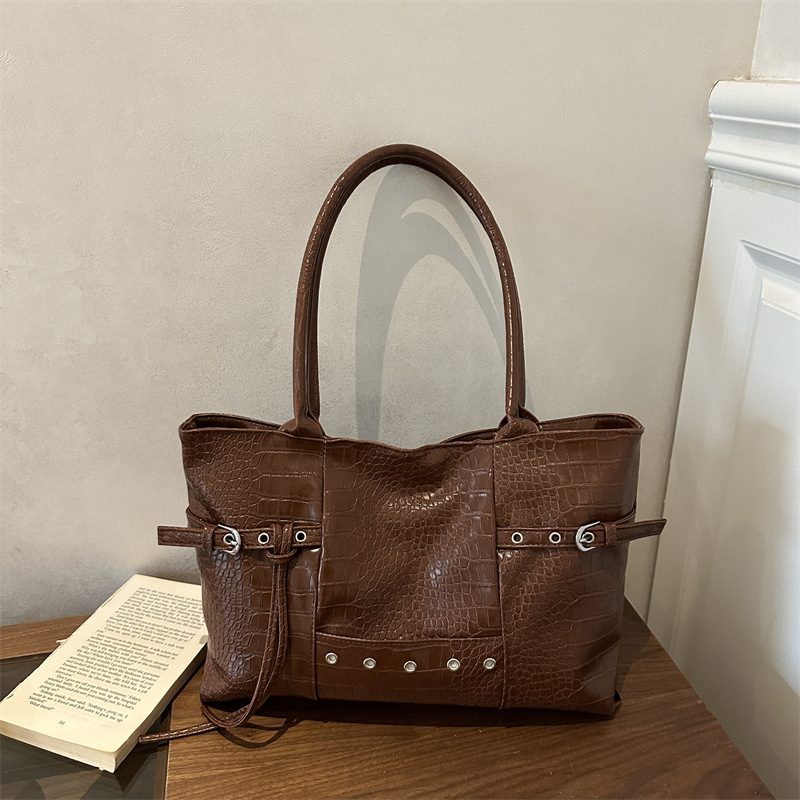 Vintage Crocodile Embossed Studded Tote Bag