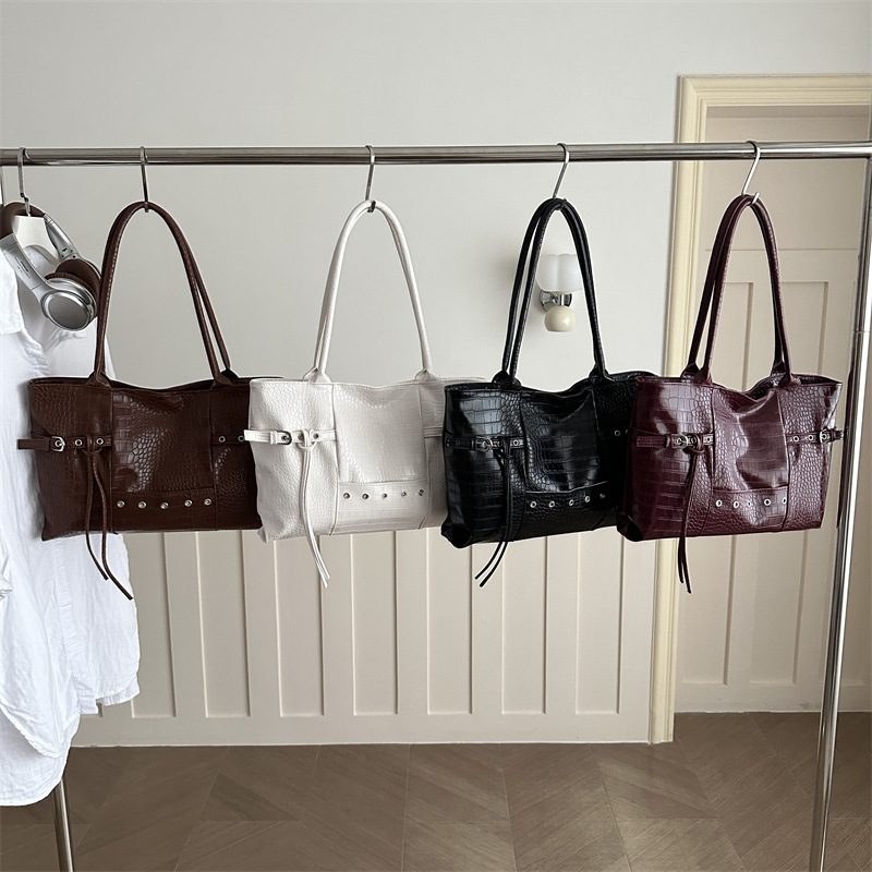 Vintage Crocodile Embossed Studded Tote Bag view 3