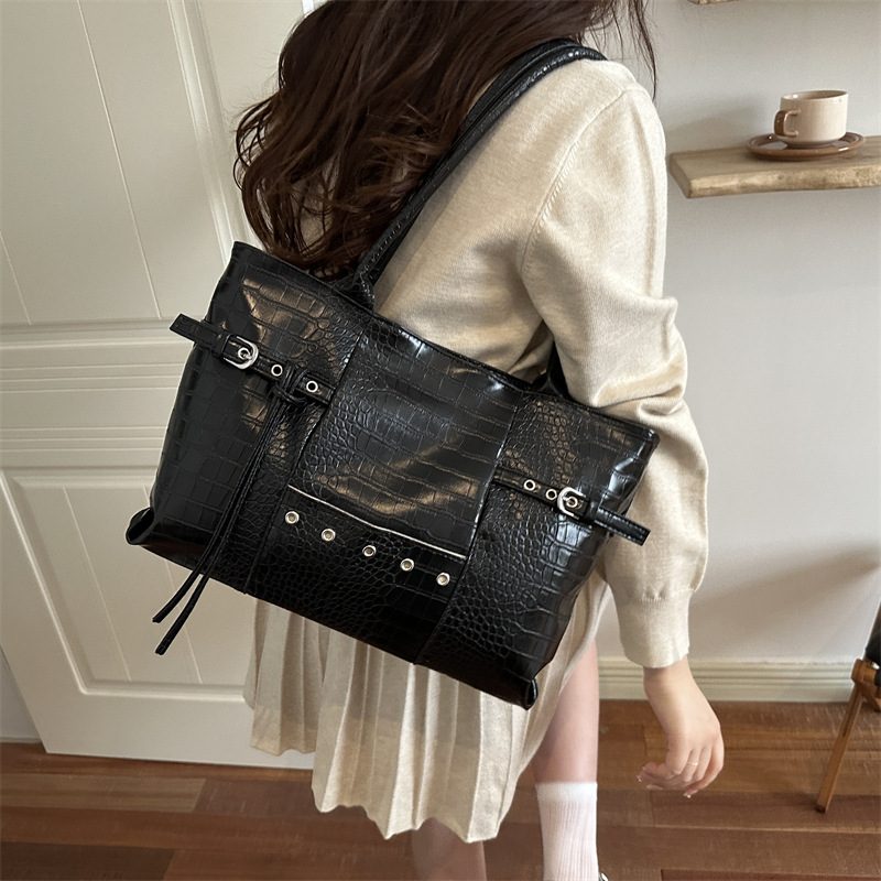 Vintage Crocodile Embossed Studded Tote Bag view 4