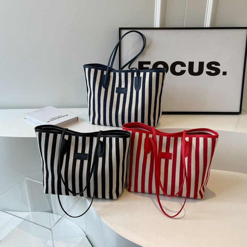 Striped Color Block Canvas Tote Bag