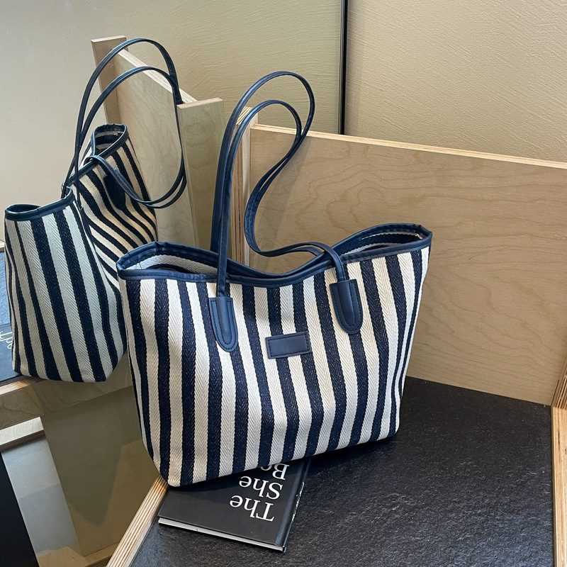 Striped Color Block Canvas Tote Bag view 3