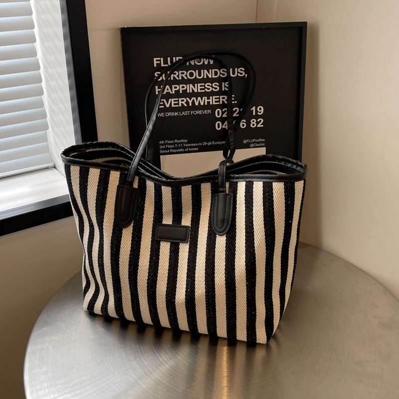 Striped Color Block Canvas Tote Bag view 4