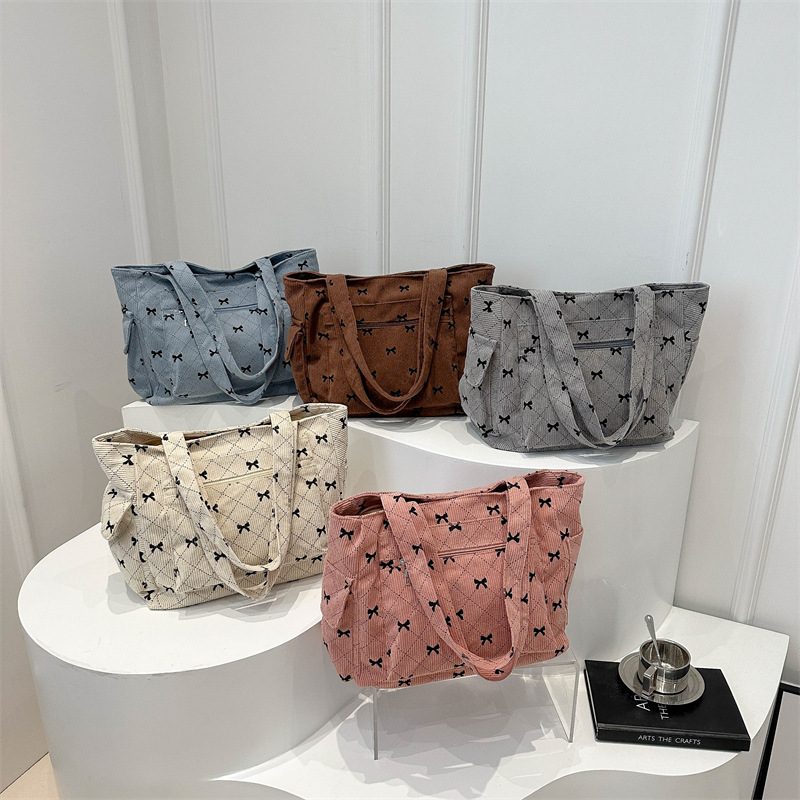 Corduroy Bow Large Capacity Tote Bag