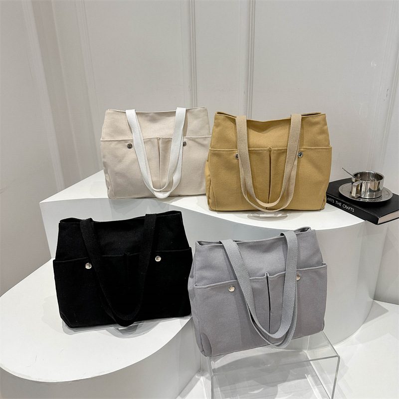 Multi-Pocket Canvas Tote Bag