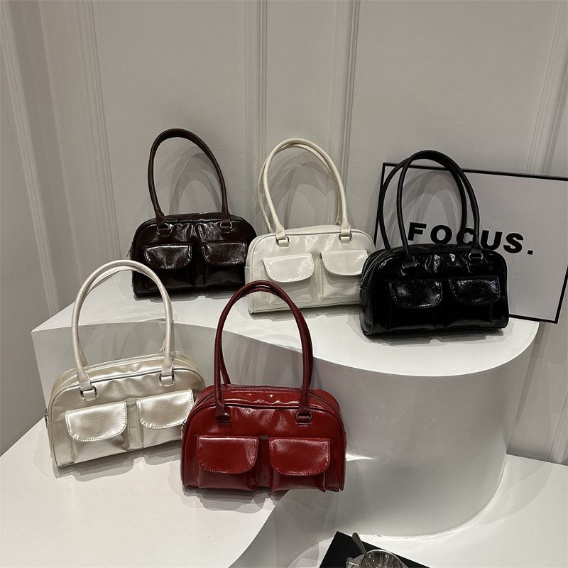 Double Pocket Glossy Top-Handle Tote Bag
