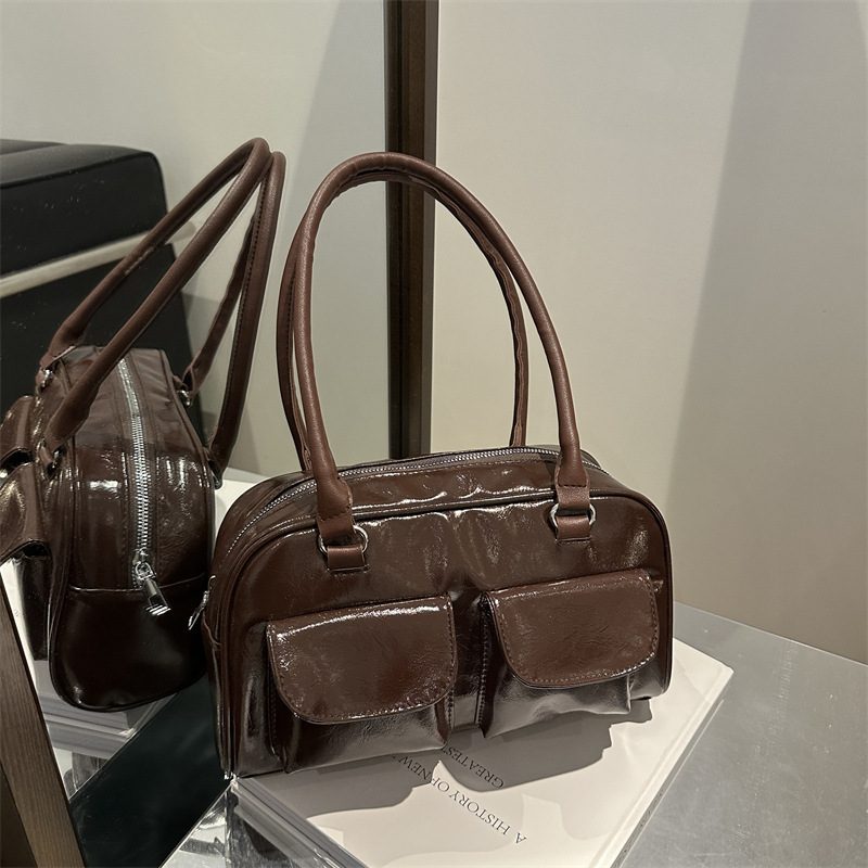 Double Pocket Glossy Top-Handle Tote Bag view 4