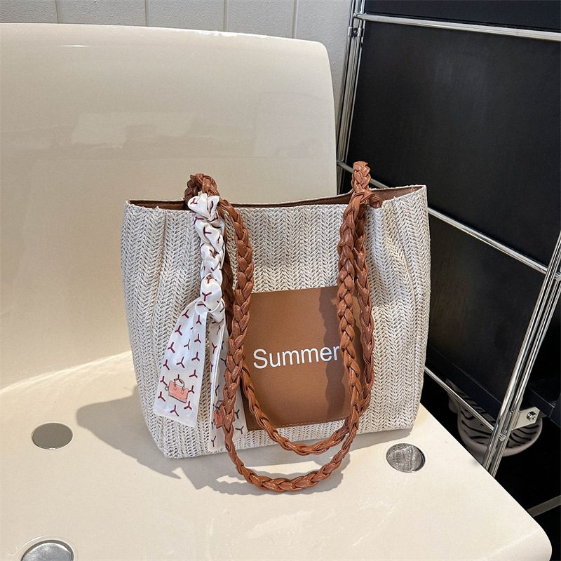 Colorblock Woven Scarf Top-Handle Tote Bag