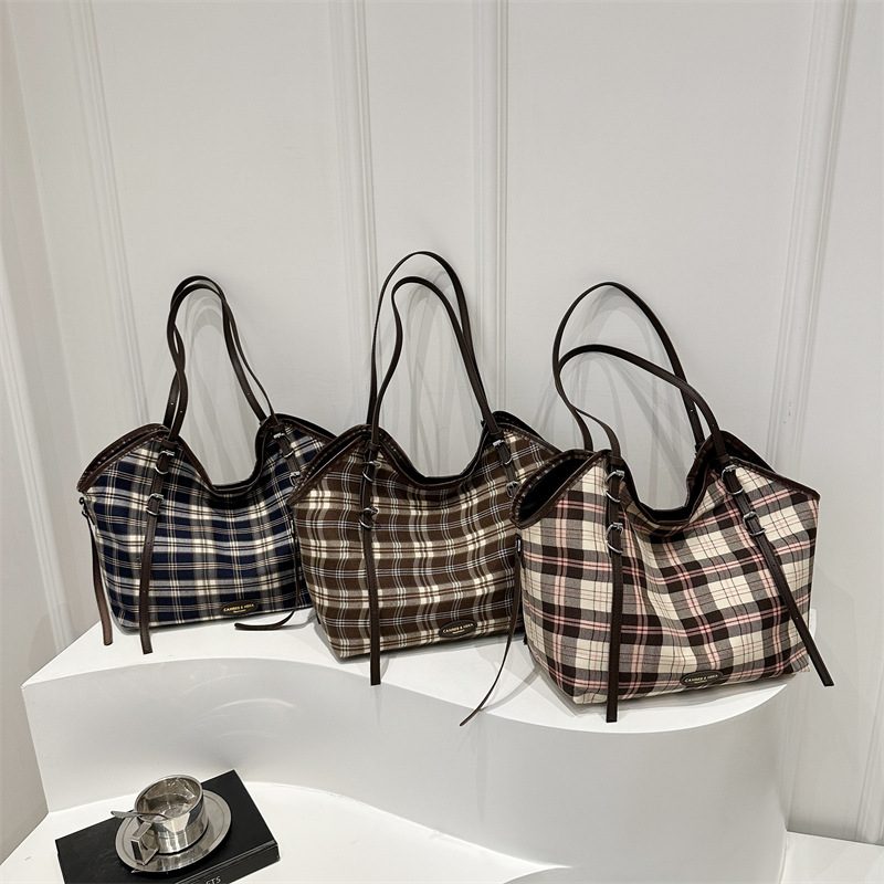 Plaid Canvas Color Block Tote Bag