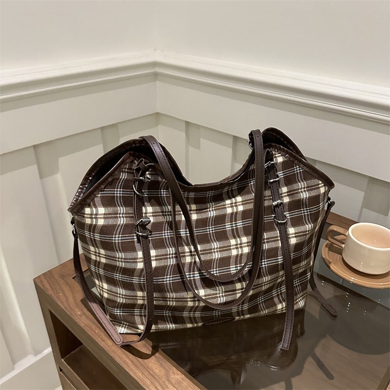 Plaid Canvas Color Block Tote Bag view 2