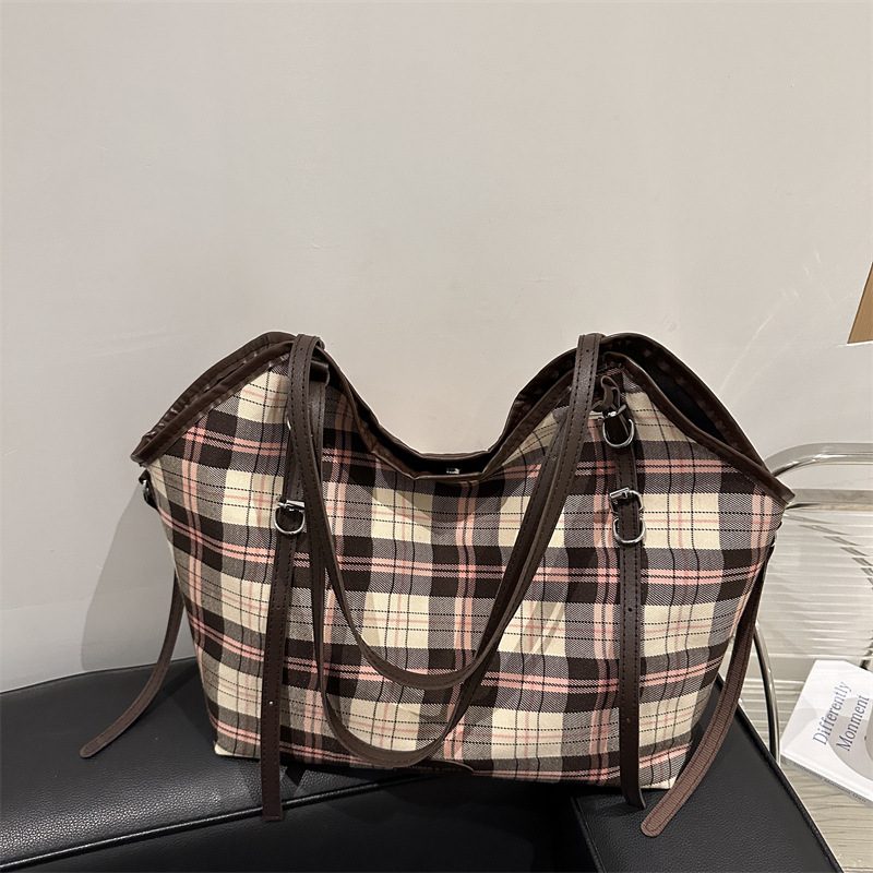 Plaid Canvas Color Block Tote Bag view 3