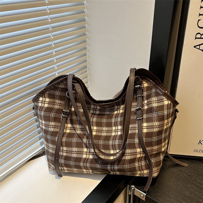 Plaid Canvas Color Block Tote Bag view 4