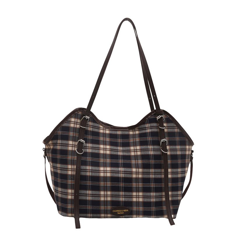 Plaid Canvas Color Block Tote Bag view 8