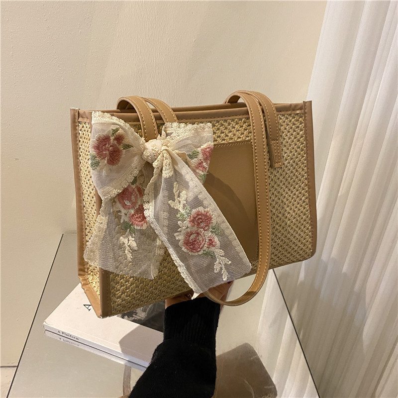 Straw Woven Silk Scarf Tote Bag