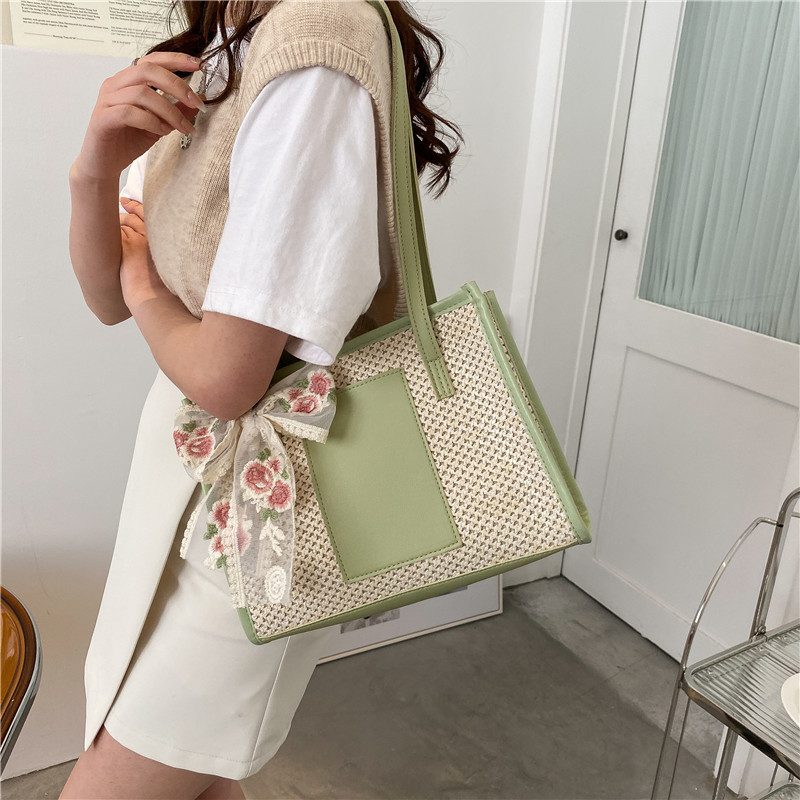 Straw Woven Silk Scarf Tote Bag view 2
