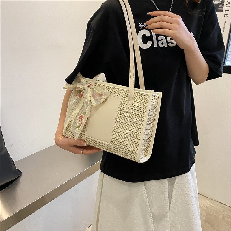 Straw Woven Silk Scarf Tote Bag view 3
