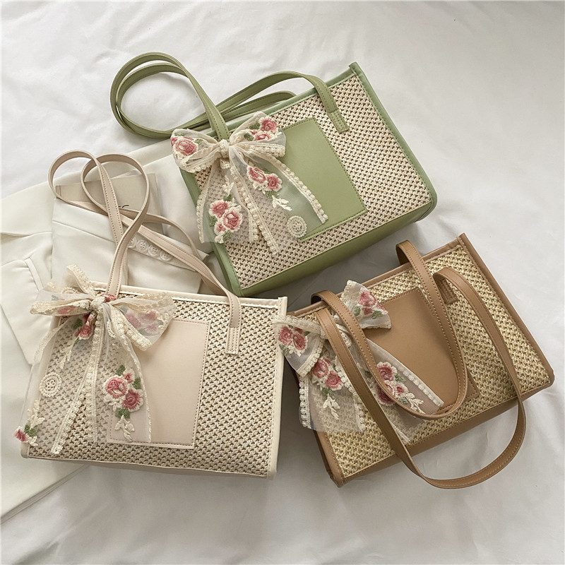 Straw Woven Silk Scarf Tote Bag view 4