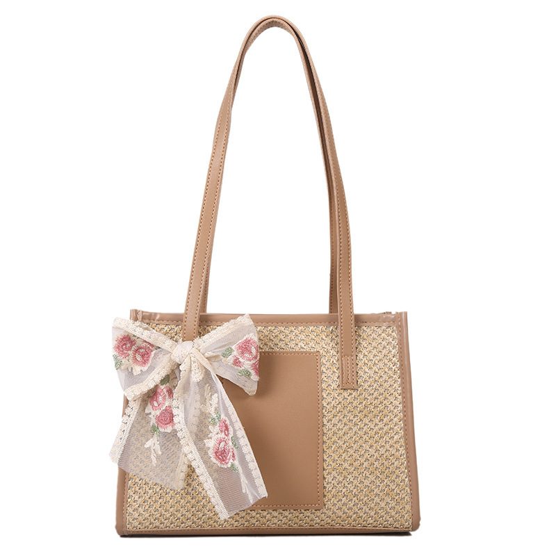 Straw Woven Silk Scarf Tote Bag view 5