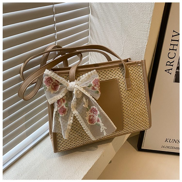 Straw Woven Silk Scarf Tote Bag view 6
