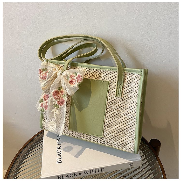 Straw Woven Silk Scarf Tote Bag view 7