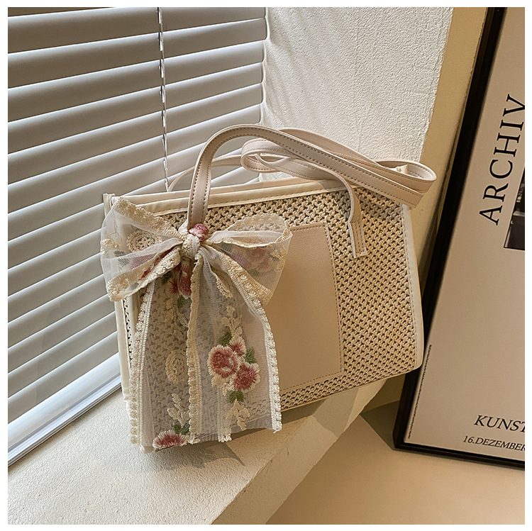 Straw Woven Silk Scarf Tote Bag view 8