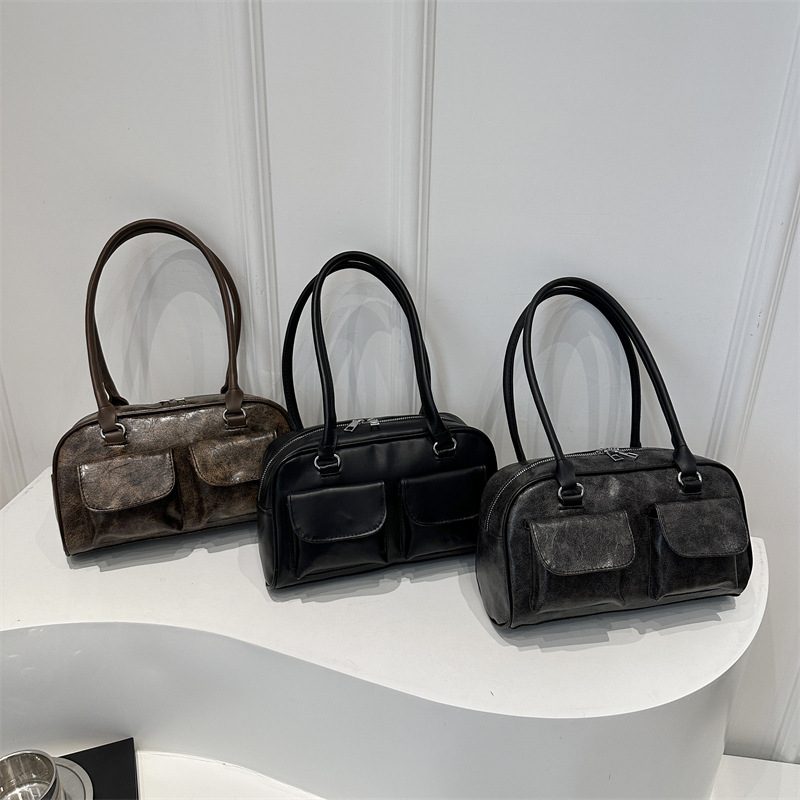 Glossy Double Pocket Top-Handle Shoulder Bag