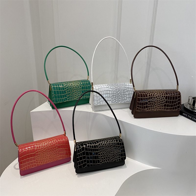 Crocodile Embossed Top-Handle Shoulder Bag