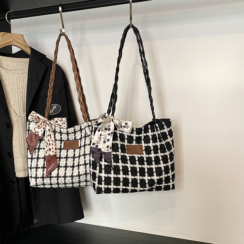 Plaid Woven Preppy Shoulder Tote Bag