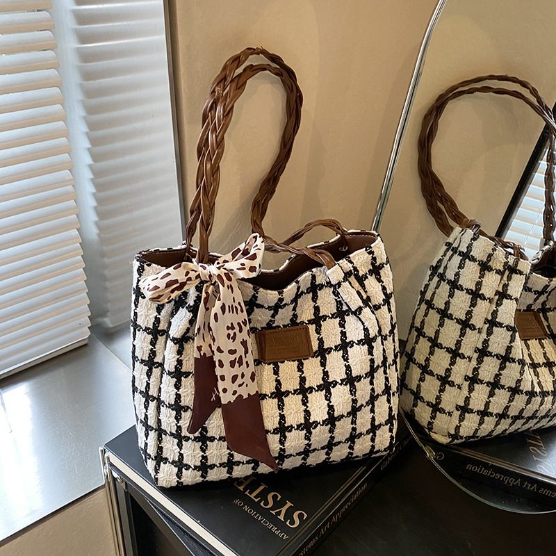 Plaid Woven Preppy Shoulder Tote Bag view 3