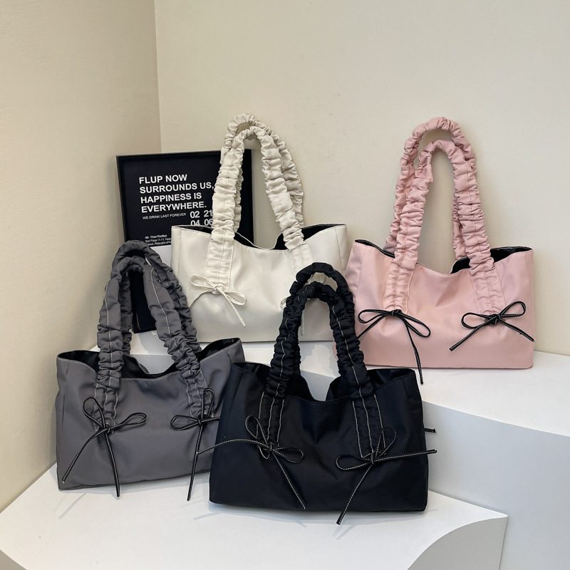 Pleated Bow Nylon Tote Bag