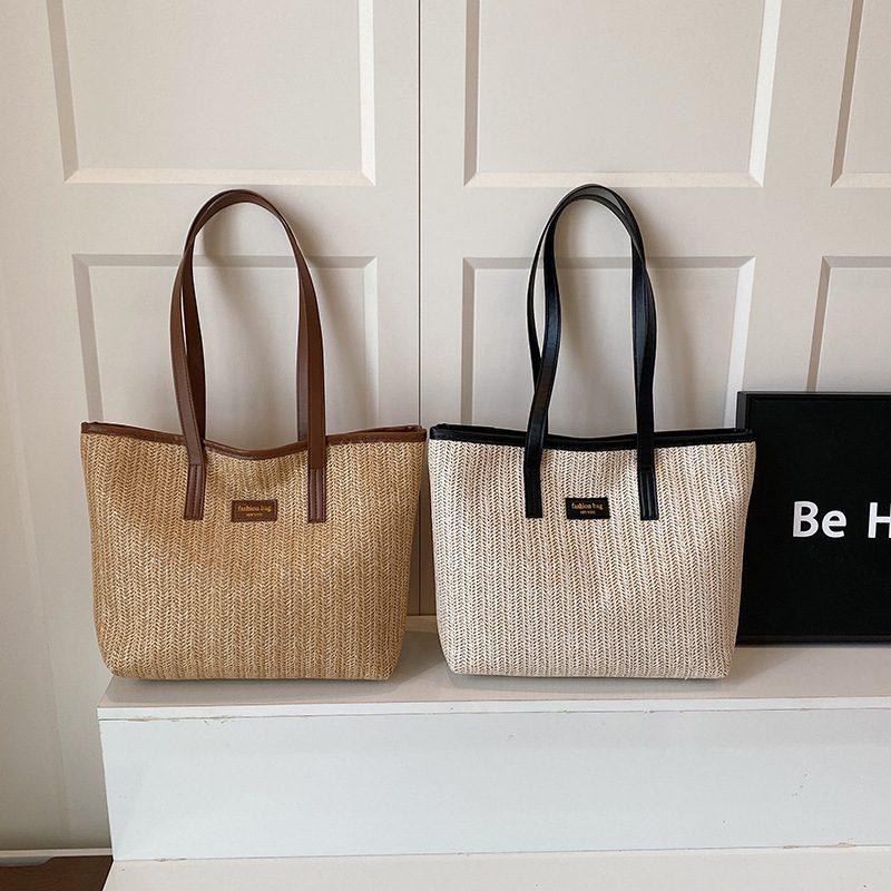 Woven Straw Large Capacity Top-Handle Tote Bag