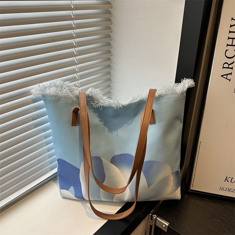 Canvas Fringe Woven Shoulder Tote Bag view 2