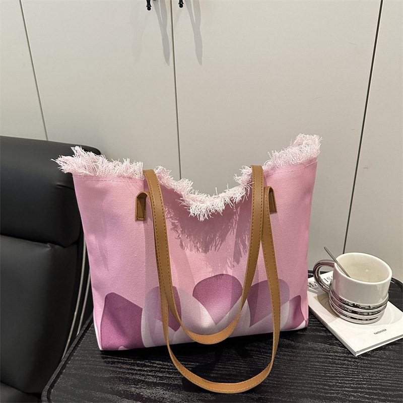 Canvas Fringe Woven Shoulder Tote Bag view 4