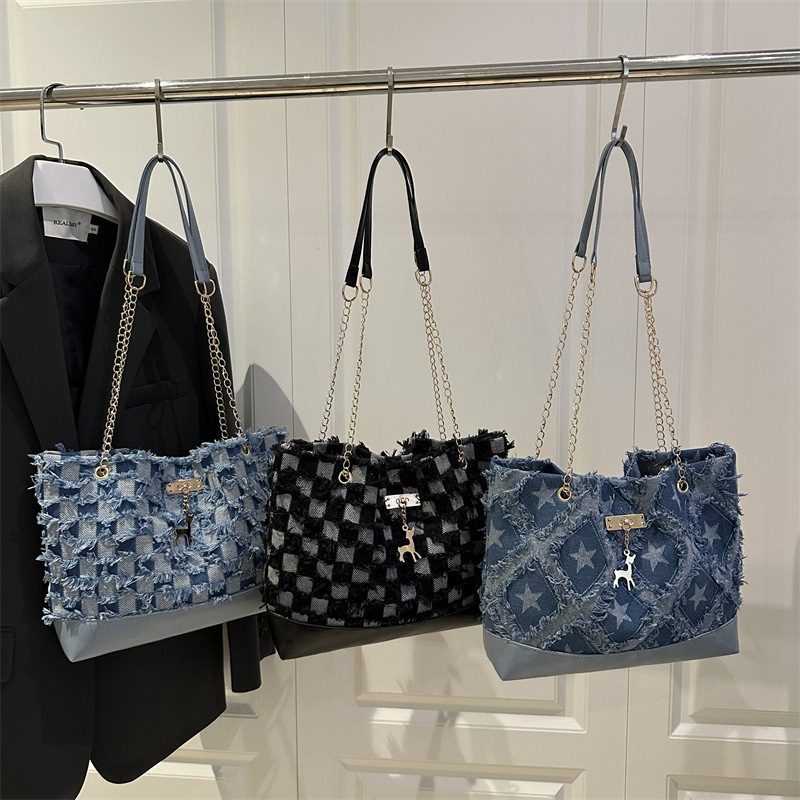 Star Denim Chain Shoulder Tote Bag