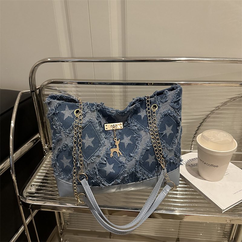 Star Denim Chain Shoulder Tote Bag view 2