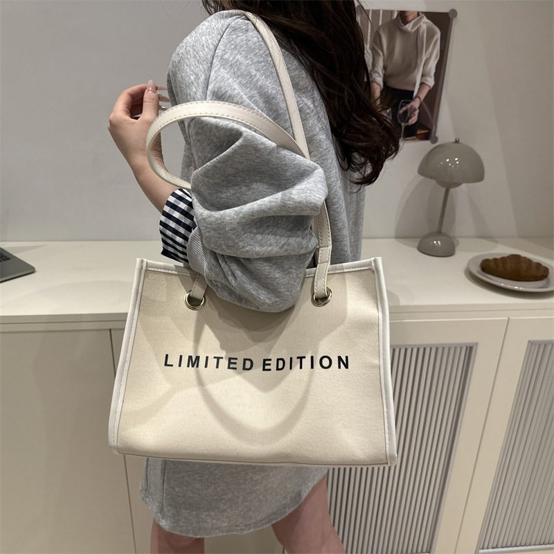 Letter Print Canvas Large Shoulder Tote Bag