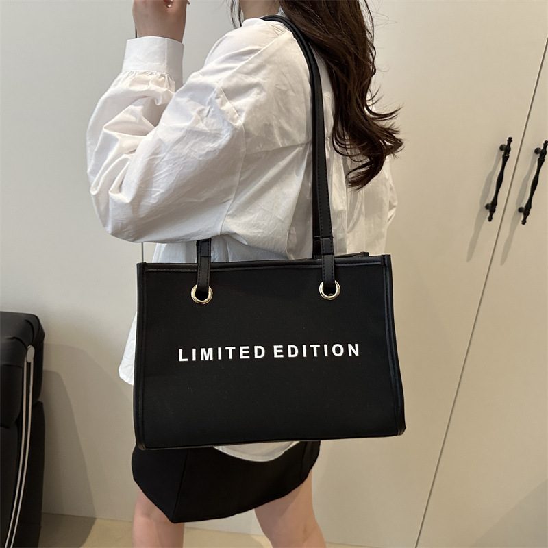 Letter Print Canvas Large Shoulder Tote Bag view 2