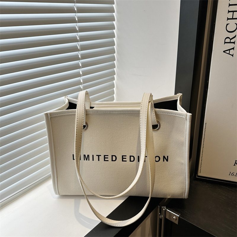 Letter Print Canvas Large Shoulder Tote Bag view 3