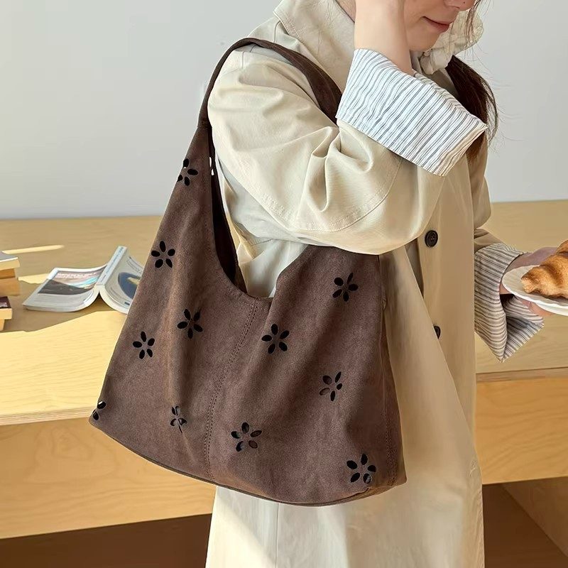 Suede Cutout Petal Shoulder Tote Bag