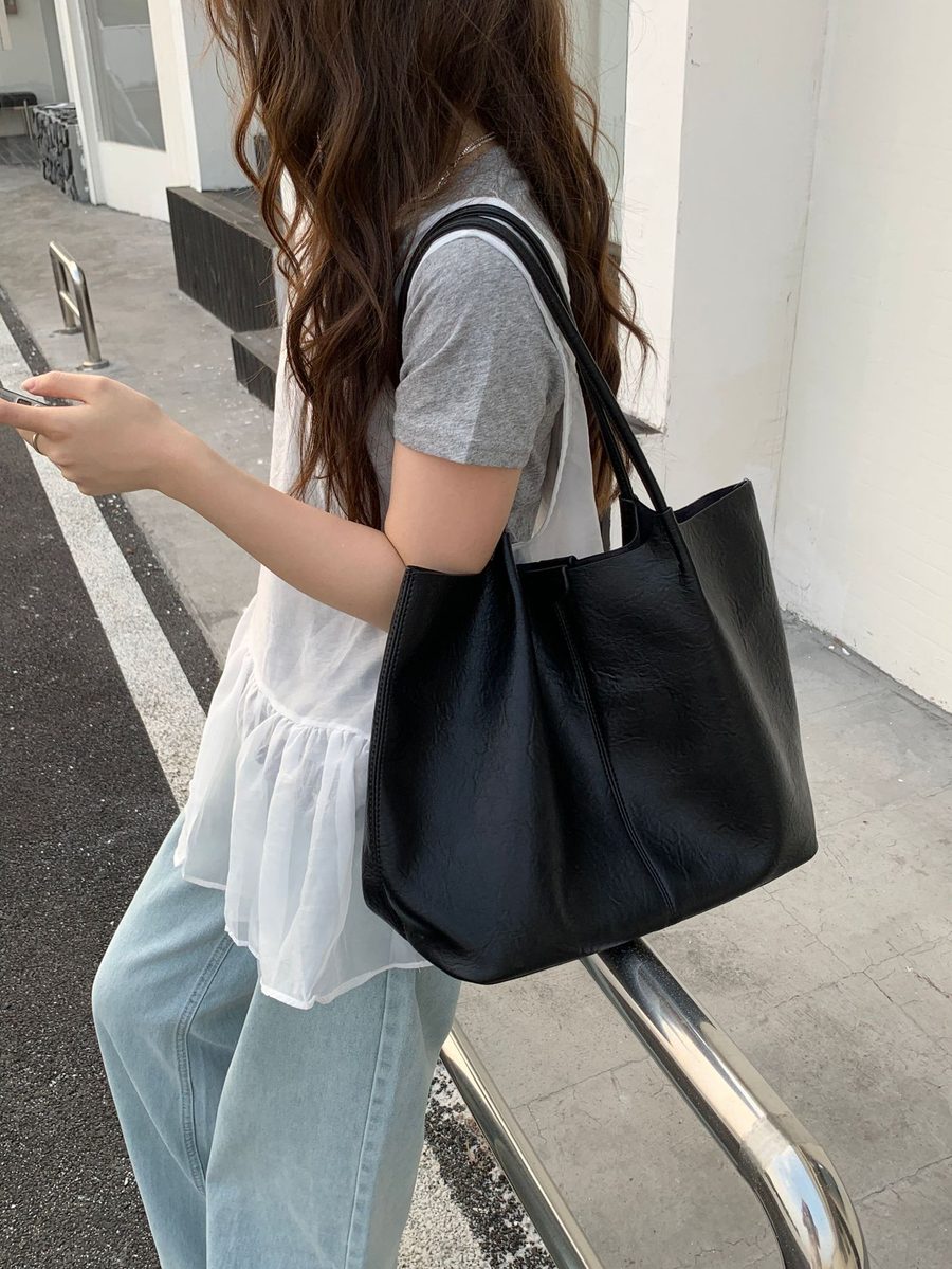 Soft Leather Minimalist Shoulder Tote Bag view 7