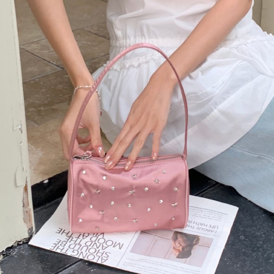 Studded Satin Shoulder Top-Handle Bag