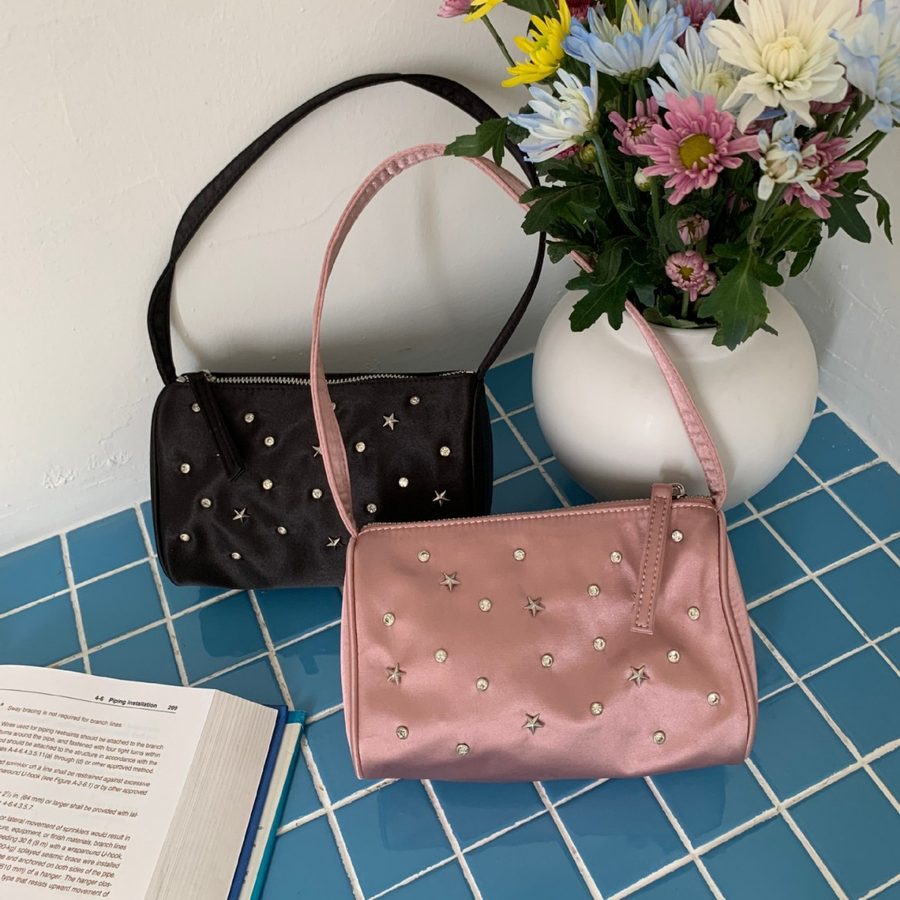 Studded Satin Shoulder Top-Handle Bag view 2