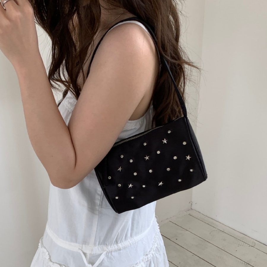 Studded Satin Shoulder Top-Handle Bag view 3