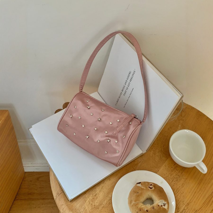 Studded Satin Shoulder Top-Handle Bag view 4